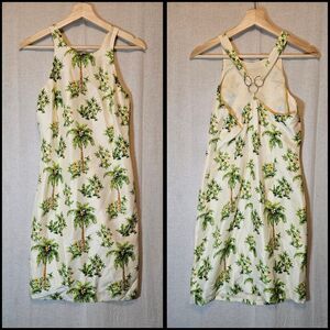 Muse 100% Silk Sheath Dress Cream With Palm Trees Size 4 Flaws